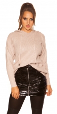 Warmer Kapuzen-Pullover mit modischen PomPoms - cappuccino