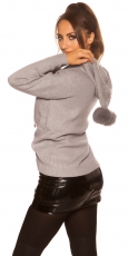 Preview: Warmer Kapuzen-Pullover mit modischen PomPoms - stone