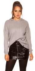 Warmer Kapuzen-Pullover mit modischen PomPoms - stone