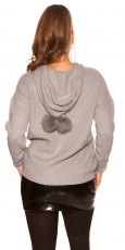 Preview: Warmer Kapuzen-Pullover mit modischen PomPoms - stone