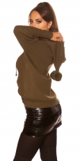 Preview: Warmer Kapuzen-Pullover mit modischen PomPoms - khaki