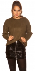 Warmer Kapuzen-Pullover mit modischen PomPoms - khaki