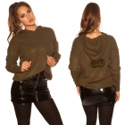 Preview: Warmer Kapuzen-Pullover mit modischen PomPoms - khaki