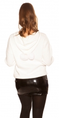 Preview: Warmer Kapuzen-Pullover mit modischen PomPoms - weiß