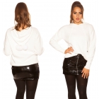 Preview: Warmer Kapuzen-Pullover mit modischen PomPoms - weiß