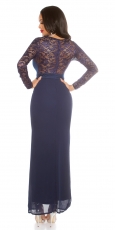 Preview: Heißes Maxikleid mit Spitzenbesatz und hohem Gehschlitz - dunkelblau