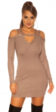 Taillierter Long-Pullover mit verzierten Carmen-Ausschnitt - cappuccino