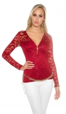 Glamour Spitzenshirt mit Reissverschluss - bordeaux