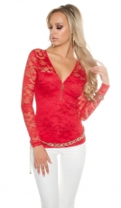 Glamour Spitzenshirt mit Reissverschluss - rot