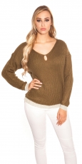 Modischer Grobstrickpullover mit Lurex-Bündchen - khaki