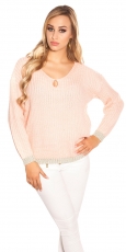 Modischer Grobstrickpullover mit Lurex-Bündchen - lachs