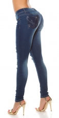 Preview: Sexy Skinny-Jeans im Used-Look mit Strassverzierung - jeansblau
