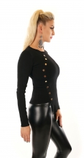 Preview: Modischer Strickpullover in sexy Wickel-Optik mit Zierknöpfen in schwarz