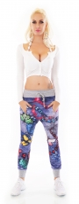 Preview: Baggy-Freizeithose in fröhlich bunter Butterfly Optik in grau