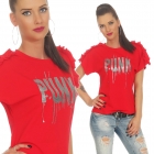 Preview: Kurzarm-Shirt mit Glamour-Print und Ärmel-Verzierung - rot