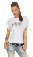Kurzarm-Shirt mit Glamour-Print und Ärmel-Verzierung - weiß