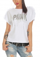 Preview: Kurzarm-Shirt mit Glamour-Print und Ärmel-Verzierung - weiß