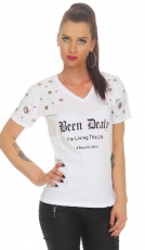 Tailliertes Shirt mit Schrift-Print und Loch-Verzierung - weiß