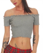 Preview: Bauchfreies Carmen-Top mit Rüschen-Kante - stone