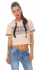 Bauchfreies Shirt mit Kapuze und großem Schrift-Print - rosa