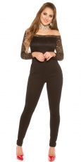 Taillierter Overall mit Spitzen-Oberteil in schwarz