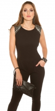 Ärmelloser Overall mit Schmuck-Applikationen in schwarz