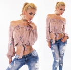 Preview: Bauchfreie Langarm-Bluse mit Carmen-Ausschnitt - rosa