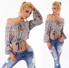 Preview: Bauchfreie Langarm-Bluse mit Carmen-Ausschnitt - rosa grau/rot