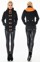 Preview: Tailliert Sweatjacke mit XXL-Kontrast-Knöpfe in schwarz / neonorange