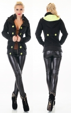 Preview: Tailliert Sweatjacke mit XXL-Kontrast-Knöpfe in schwarz / neongelb