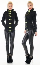 Preview: Tailliert Sweatjacke mit XXL-Kontrast-Knöpfe in schwarz / neongelb