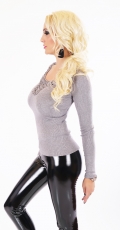 Preview: Feinstrick-Pullover mit Spitzen-Verzierung und Stachelnieten-Applikation in grau