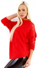 Modischer Feinstrick-Pullover mit verzierter Ärmel-/ Schulterpartie - rot