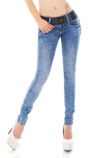 Slim Fit Röhren-Jeans mit Vintage-Effekten und breitem Kontrast-Gürtel in light blue
